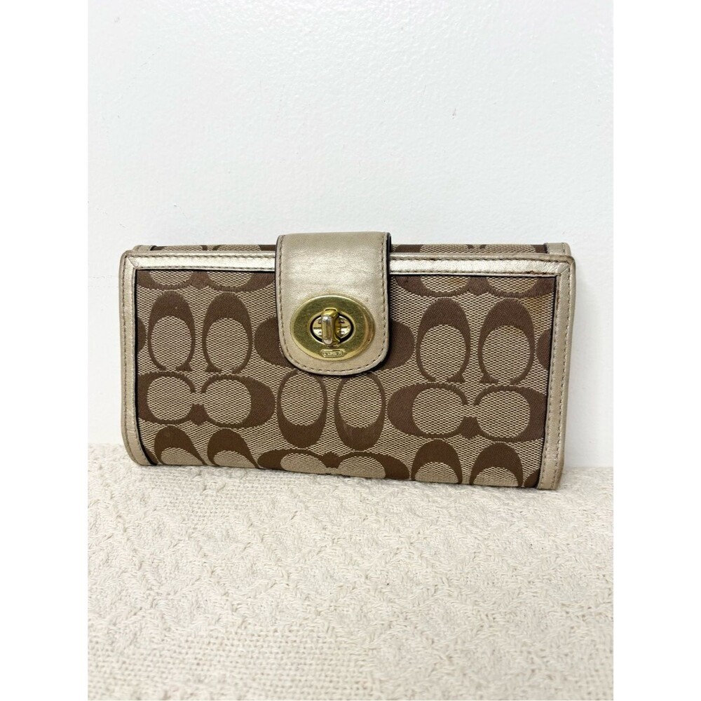 Coach Gold Signature Turnlock Wallet F43609 Khaki Metallic Long Clutch